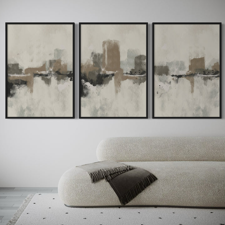 Elegant Abstract Wall Art Styled With A Curved Bouclé Chaise, White Frames, Soft Grey Wall, And A Minimal Speckled Rug. Perfect For A Minimalist Living Room.