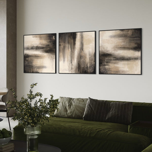 Modern Abstract Triptych Framed Canvas Wall Art – Neutral Beige and Espresso Canvas with Green Velvet Sofa and Decorative Plant