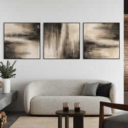 Minimalist Interior Framed Canvas Wall Art – Neutral Abstract Triptych with Cream Sofa, Modern Side Table, and Decorative Plant