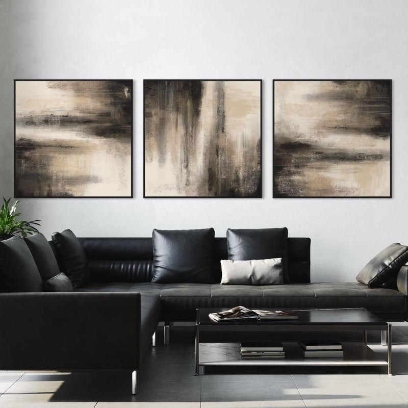 Modern Abstract Framed Canvas Wall Art in Minimalist Living Room with Black Leather Sofa and Monochrome Decor Accents