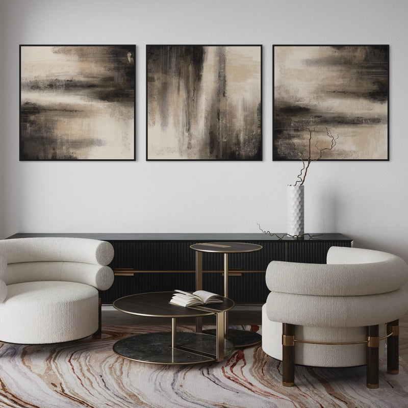 Luxury Modern Framed Canvas Wall Art – Neutral Abstract Triptych with Curved Cream Armchairs, Black Sideboard, and Contemporary Marble Rug