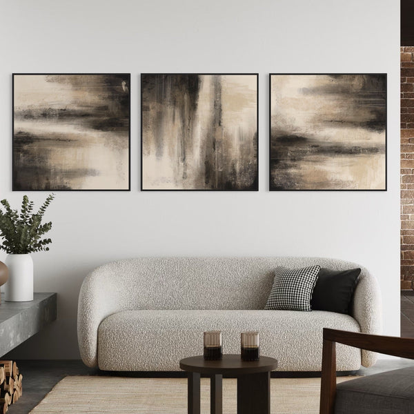 Minimalist Interior Framed Canvas Wall Art – Neutral Abstract Triptych with Cream Sofa, Modern Side Table, and Decorative Plant