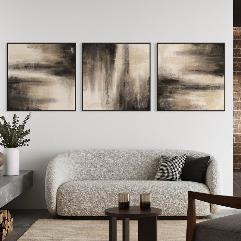 Minimalist Interior Framed Canvas Wall Art – Neutral Abstract Triptych with Cream Sofa, Modern Side Table, and Decorative Plant