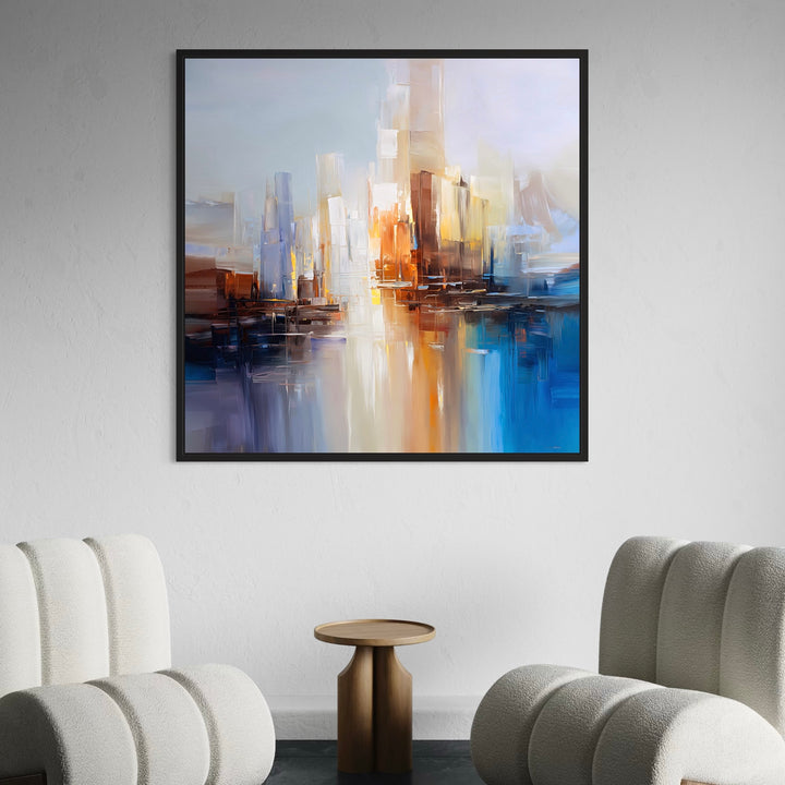 Abstract Cityscape Wall Art in Modern Minimalist Sitting Area with Curved Boucle Accent Chairs, Wooden Side Table, and Neutral Wall. The Painting Adds a Vibrant Focal Point to Contemporary Interior Decor.