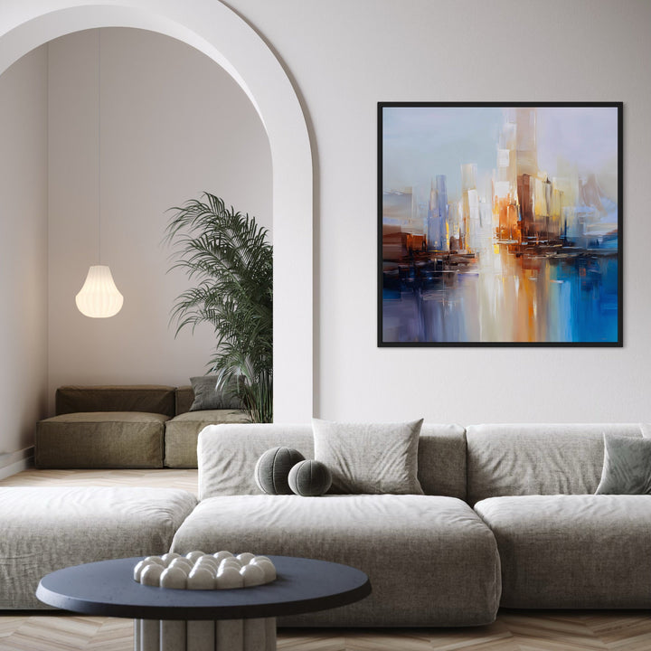 Colorful Abstract Cityscape Wall Art in Modern Living Room with Archway, Modular Velvet Sofa, Sculptural Coffee Table, and Neutral Decor. Perfect For Minimalist Interior.