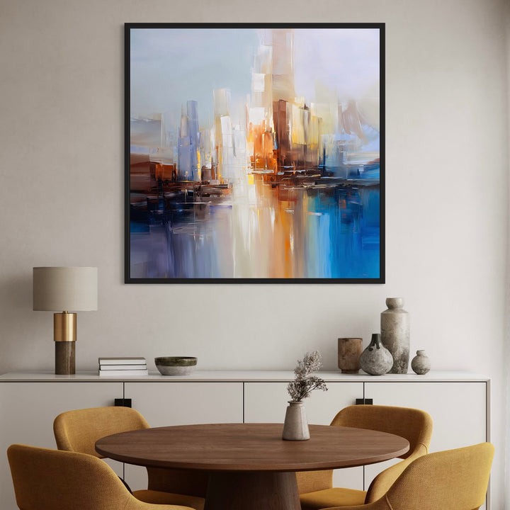 Modern Abstract Canvas Cityscape Wall Art in Classy Dining Room with Walnut Round Table, Mustard Yellow Upholstered Dining Chairs and Neutral-Toned Ceramic Vases