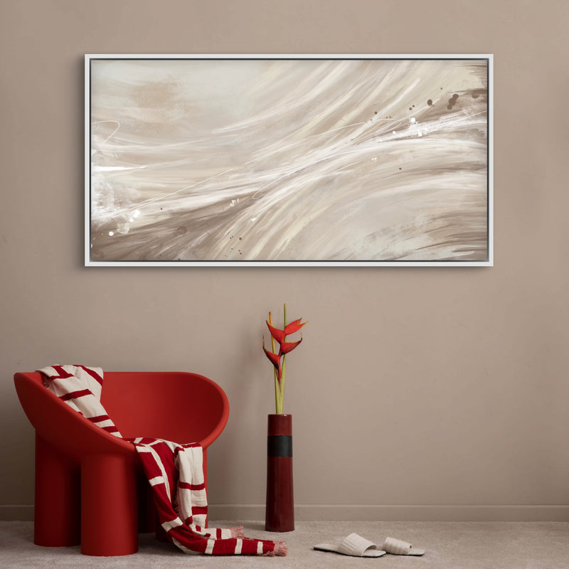Modern Minimal Abstract Wall Art Styled with Red Sculptural Lounge Chair, Red-and-White Striped Throw, Tall Red Vase with Tropical Flowers, Neutral Taupe Wall, and Soft Carpet. Perfect for Contemporary Reading Nook.