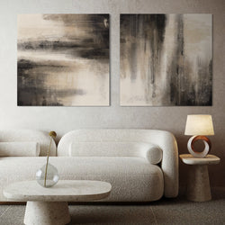 Large Minimalist Abstract Canvas Wall Art paired with Cream Boucle Sofa, Stone Center Table with Minimal Decor and Modern Lamp in a Cozy Modern Living Room