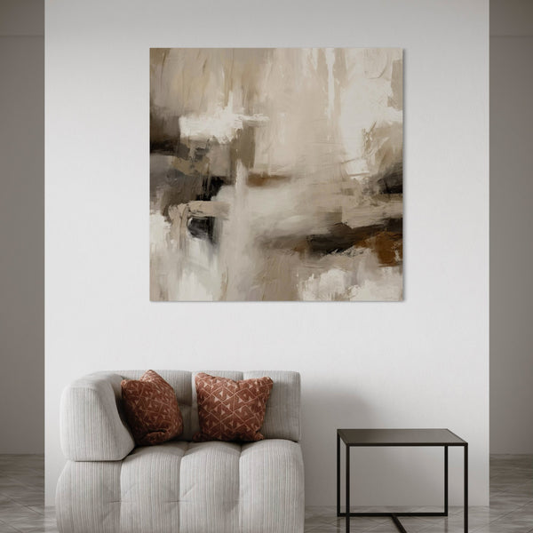 Neutral Abstract Wall Art Above Curved Modern Sofa with Textured Terracotta Cushions in Minimalist Living Room.