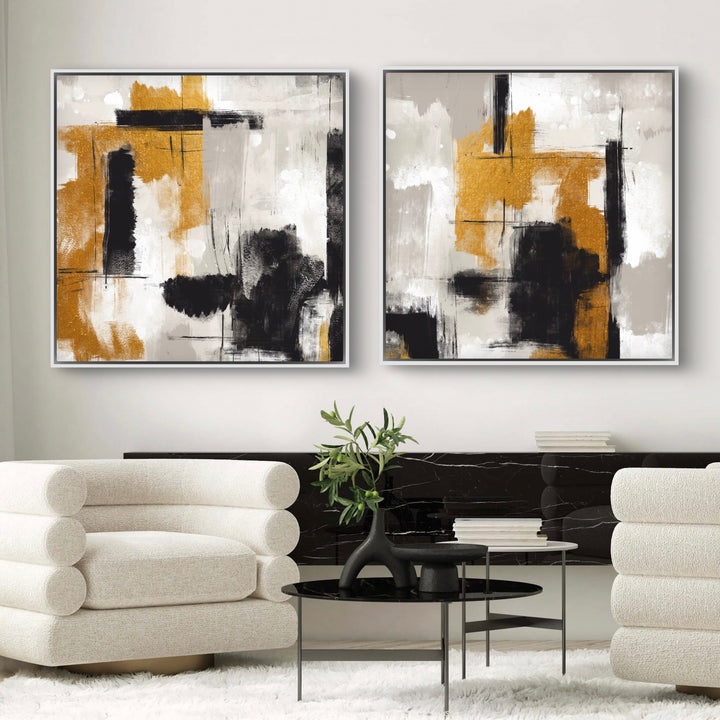 Modern Abstract Wall Art Interior Styled with Cream Bouclé Barrel Chairs, Black Marble Console, Nesting Black Coffee Tables, Olive-Branch Vase and a White Shag Rug. Perfect for Contemporary Living Room.
