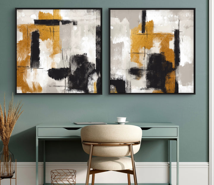 Modern Abstract Wall Art Interior Styled with Sage Green Writing Desk, Cream Upholstered Chair With Brass Legs, Copper Wire Basket, Dried Wheat Stems. Perfect for Modern Home Office.