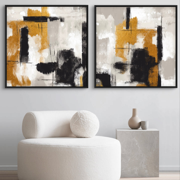 Modern Abstract Wall Art Interior Styled with Cream Bouclé Lounge Chair With Round Pillow, Gray Marble Cube Side Table, Taupe And Gray Ceramic Vases. Perfect for Contemporary Living Room.