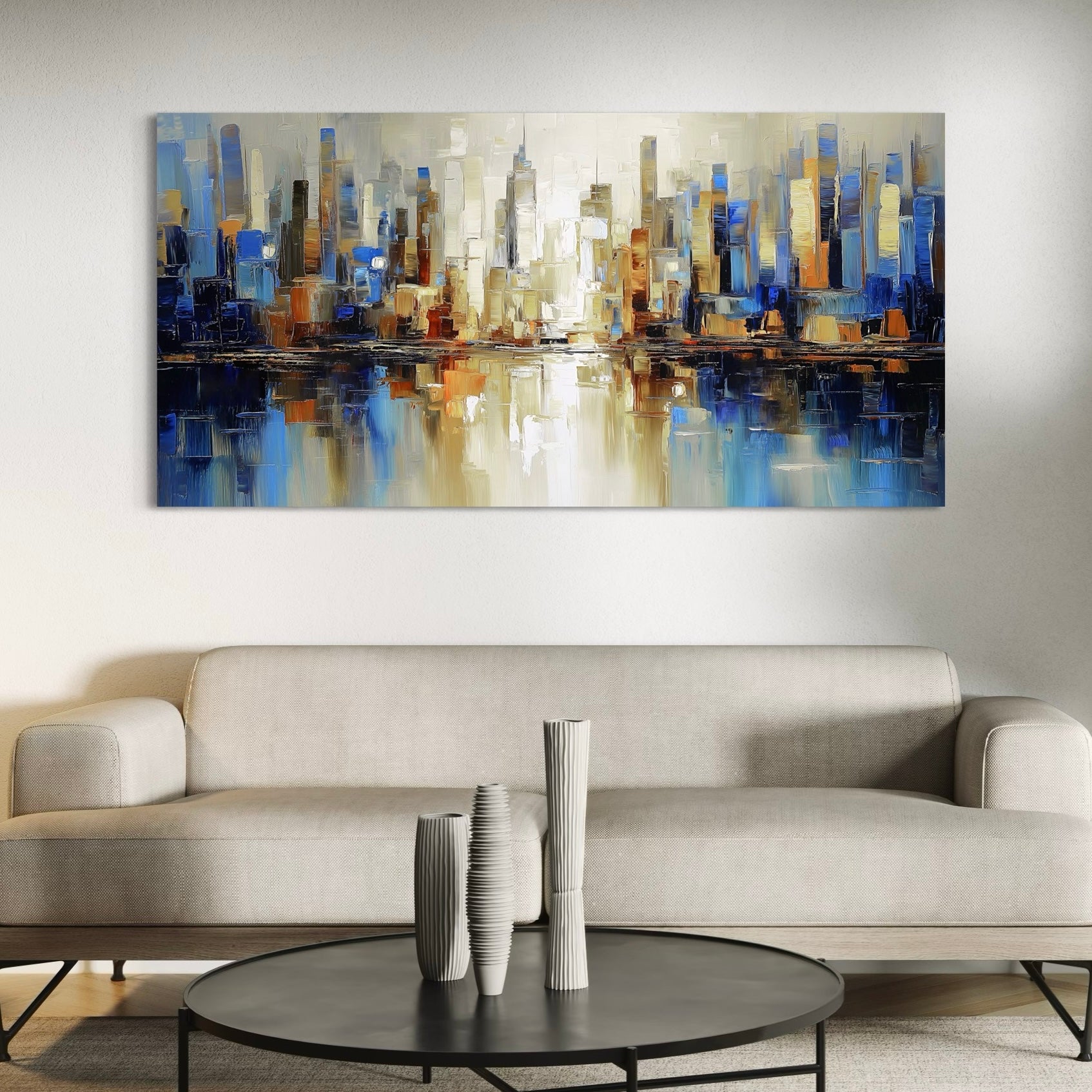 Modern Abstract Art Skyline Reflection in Cozy Living Room With Light Taupe Modern Sofa, Matte Black Round Coffee Table, and Sculptural Ceramic Vases Perfectly Complements Minimalist and Modern Decor 