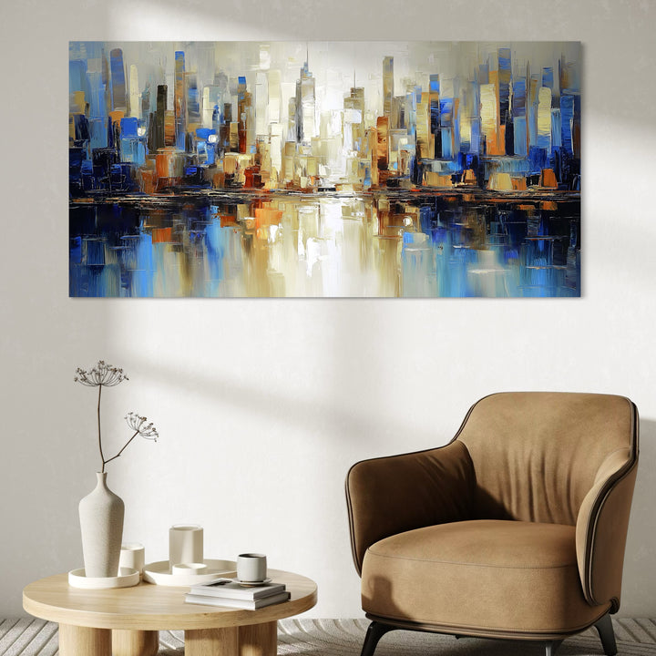 Large Horizontal Wall Art in In a cozy Reading Corner, Paired With a Caramel Accent Chair, Natural Wood Coffee Table and Ceramic Sculptural Vases 