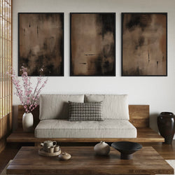Abstract Framed Canvas Set in Brown & Black | Minimalist Neutral Living Room with Wood Accents