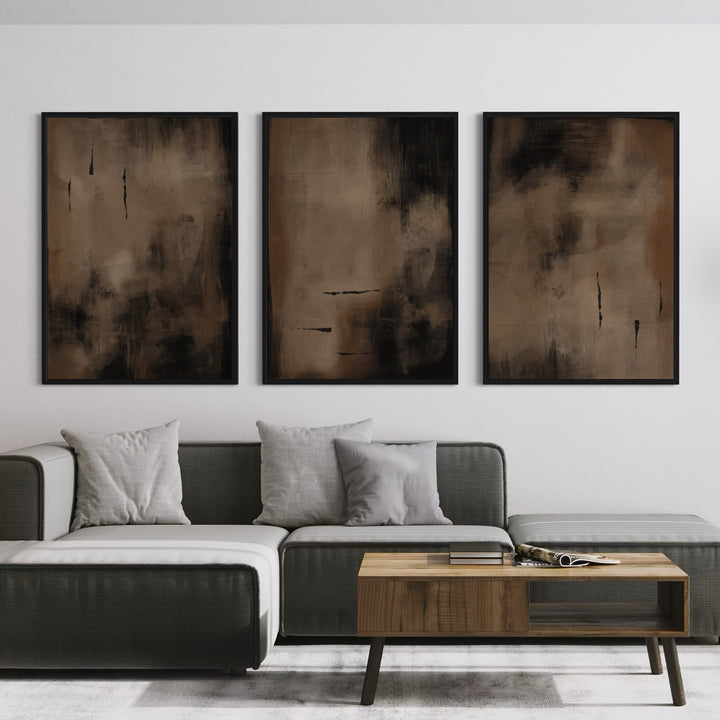 Versatile Modern Abstract Framed Canvas Wall Art Set –  for Contemporary Living Rooms with Grey sectionals Sofa with wood Center Table