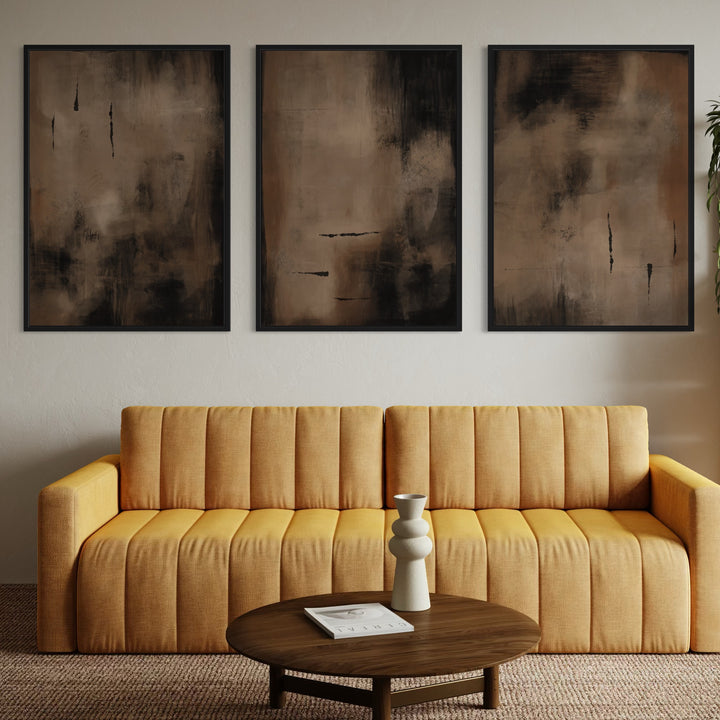 Modern Abstract Framed Canvas Wall Art – Brown & Black | Bold Living Room with Mustard Yellow Sofa & Wood Accents