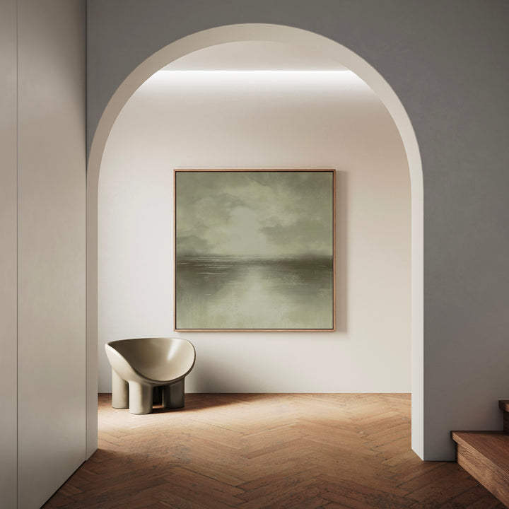 Neutral Abstract Wall Art Styled with Arched Niche, Sculptural Metallic Accent Chair, Herringbone Wood Floor, and Soft Neutral Walls. Perfect for Serene Entryway or Hallway.