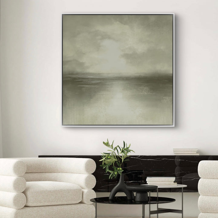 Neutral Abstract Wall Art Styled with Cream Bouclé Barrel Chairs, Black Marble Console, Nesting Black Coffee Tables, Olive-Branch Vase. Perfect for Contemporary Living Room.