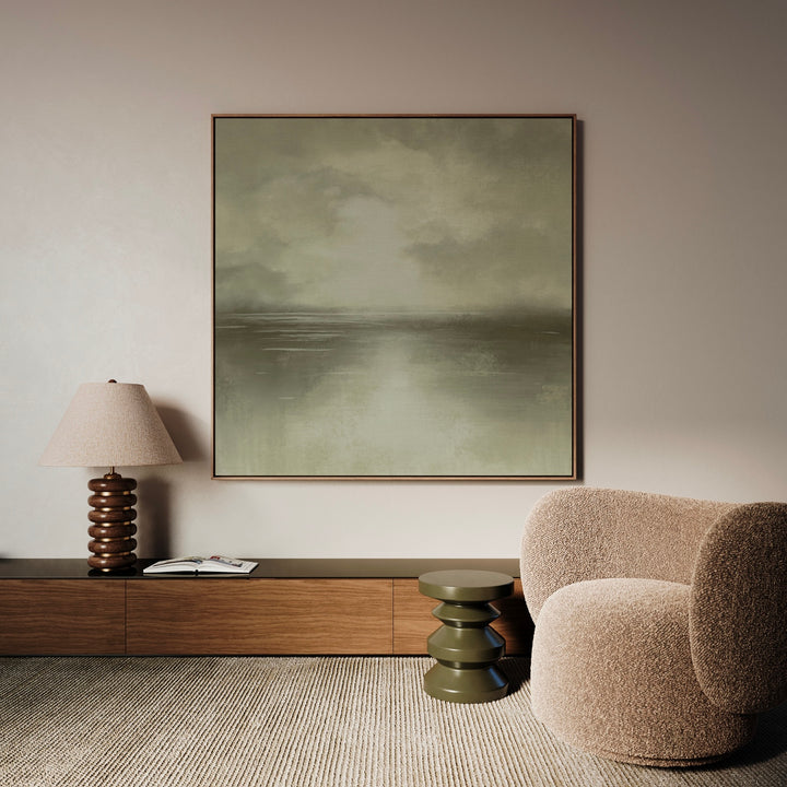 Neutral Abstract Wall Art Styled with Wood Low Console, Sculptural Stacked Table Lamp, Olive Green Pedestal Side Table, Tan Bouclé Lounge Chair, and a Neutral Woven Rug. Perfect for Cozy Contemporary Living Room.