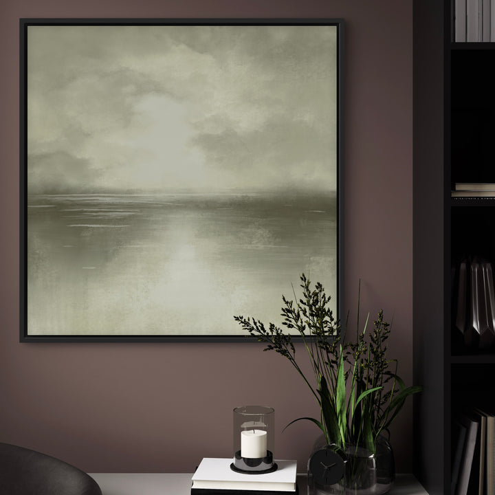 Modern Abstract Canvas Wall Art Styled with Mocha Wall, White Console, Glass Hurricane Candle, Stacked Books and Greenery in a Glass Vase. Perfect for Contemporary Entryway or Home Office.