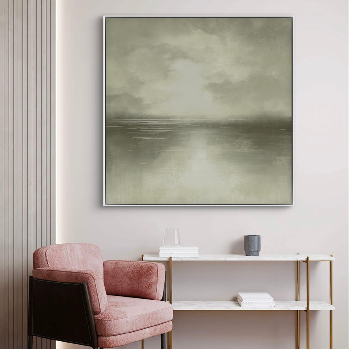 Modern Abstract Canvas Wall Art Styled with Blush Lounge Chair, White Marble-and-Brass Console, Stacked Books. Perfect for Contemporary Living Room or Reading Nook.