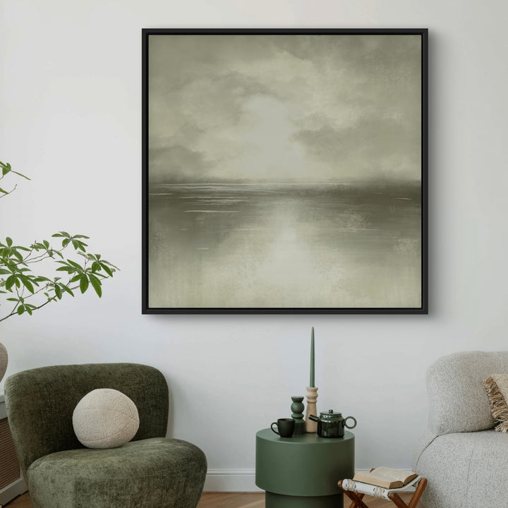 Neutral Abstract Wall Art Styled with Olive Lounge Chair and Round Textured Cushion, Green Pedestal Side Table with Taper Candle and Tea Set, Neutral Bouclé Sofa and a Potted Indoor Plant. Perfect for Contemporary Living Room.