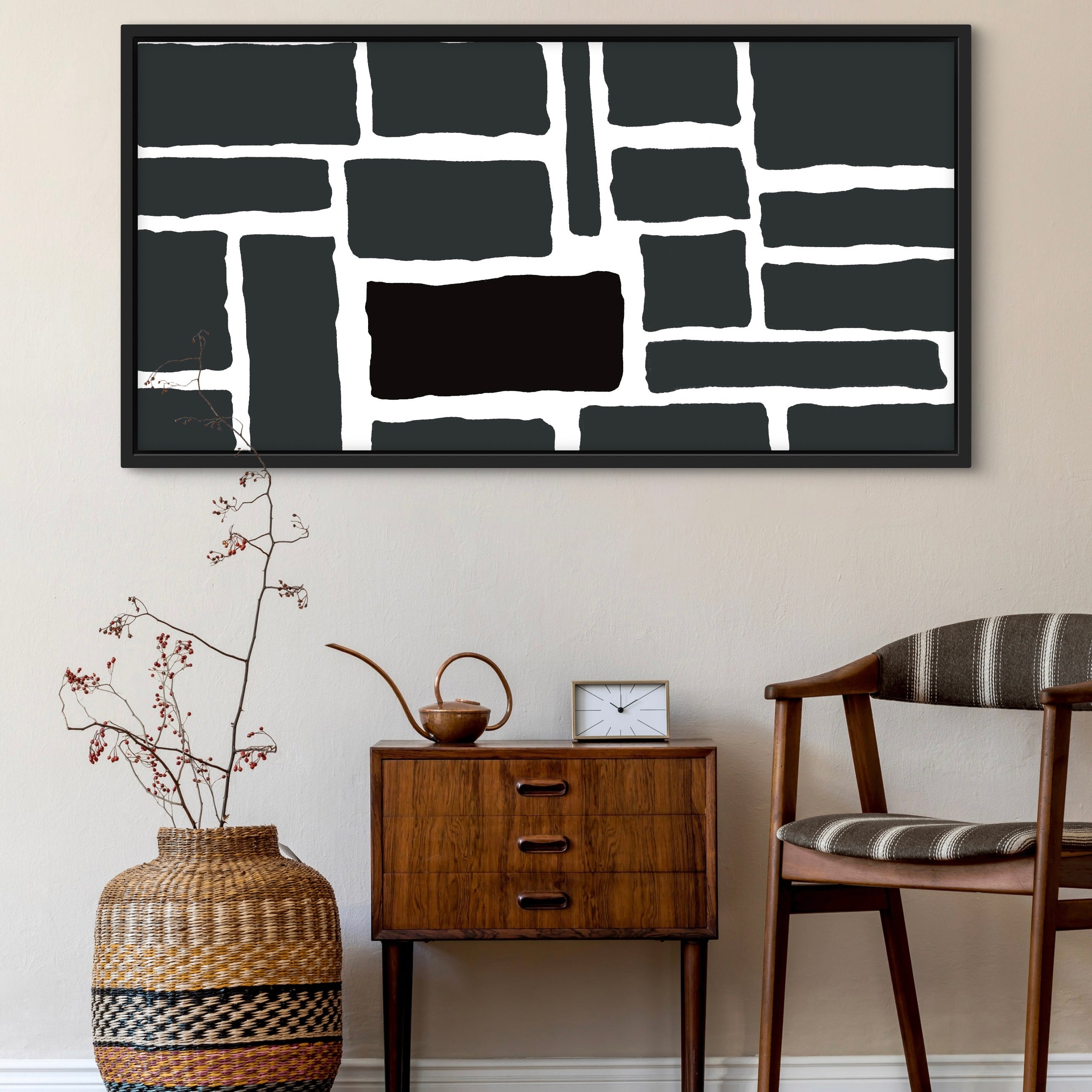 Minimalist Abstract Framed Canvas - Perfect Wall Art for Modern, Scandinavian, or Mid-Century Interiors. Styled Above a Vintage Wooden Cabinet with Woven Basket, Clock, and Striped Accent Chair for a Warm and Timeless Aesthetic.