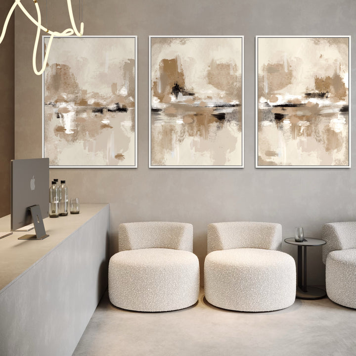 Classy Abstract Canvas Wall Art Paired With Bouclé Barrel Chairs, A Minimalist Reception Desk, And Soft Taupe Walls- Elevates A Modern Lobby Or Waiting Room.