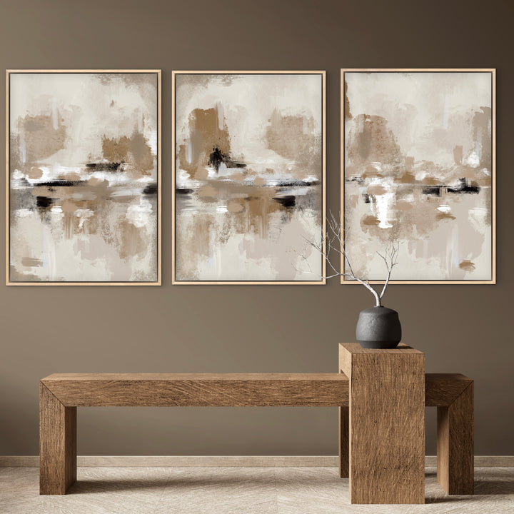 Cozy Modern Abstract Canvas Wall Art Styled With a Solid Wood Console and Charcoal Vase- Warm, Modern Entryway Decor.