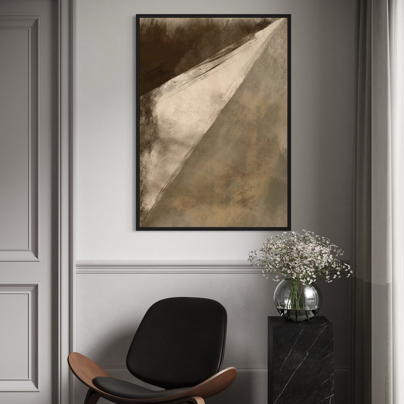 Modern Abstract Framed Canvas Wall Art – Beige and Brown Tones, Perfect for Living Room, Paired with Wooden Console Table and Decorative Vases