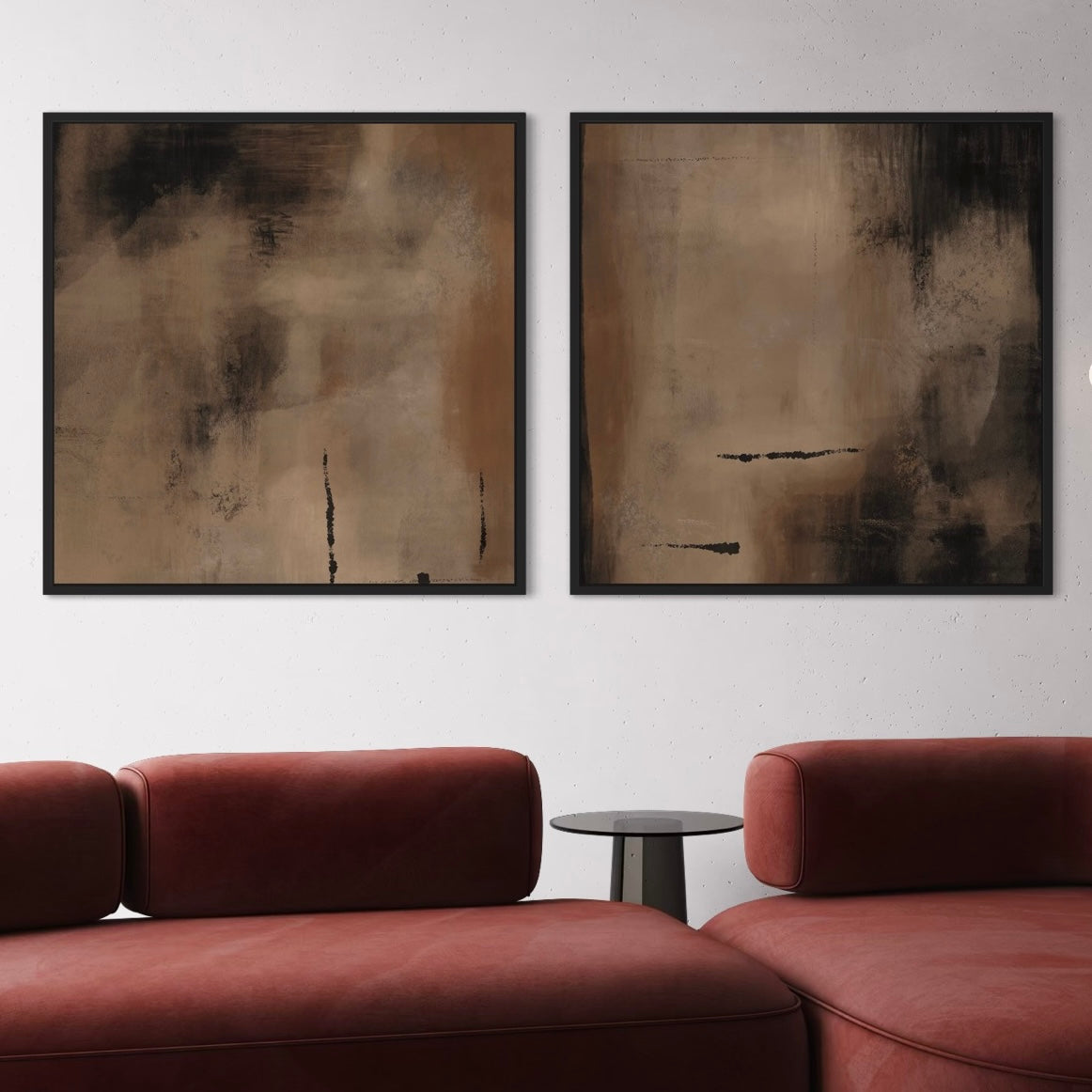 Abstract Wall Art Prints in Modern Styled With a Red Velvet Sectional Sofa – Minimalist Living Room Interior Decor