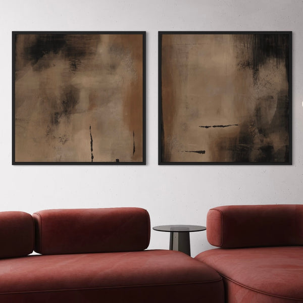 Abstract Wall Art Prints in Modern Styled With a Red Velvet Sectional Sofa – Minimalist Living Room Interior Decor