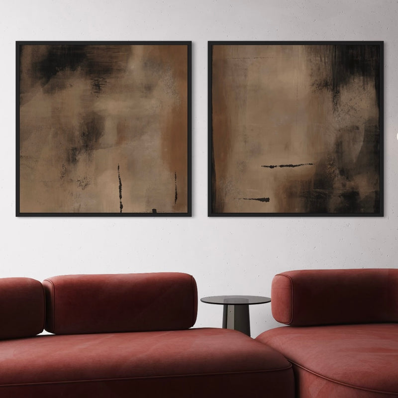 Abstract Wall Art Prints in Modern Styled With a Red Velvet Sectional Sofa – Minimalist Living Room Interior Decor