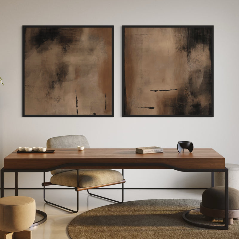 Modern Abstract Canvas Art paired with Walnut Wood Desk and Minimalist Office Chair in Contemporary Home Office.