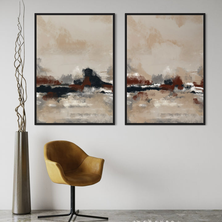 Abstract Landscape Diptych On Framed Canvas Beside A Mustard Leather Swivel Chair And Sculptural Floor Vase—A Warm, Modern Reading Corner.