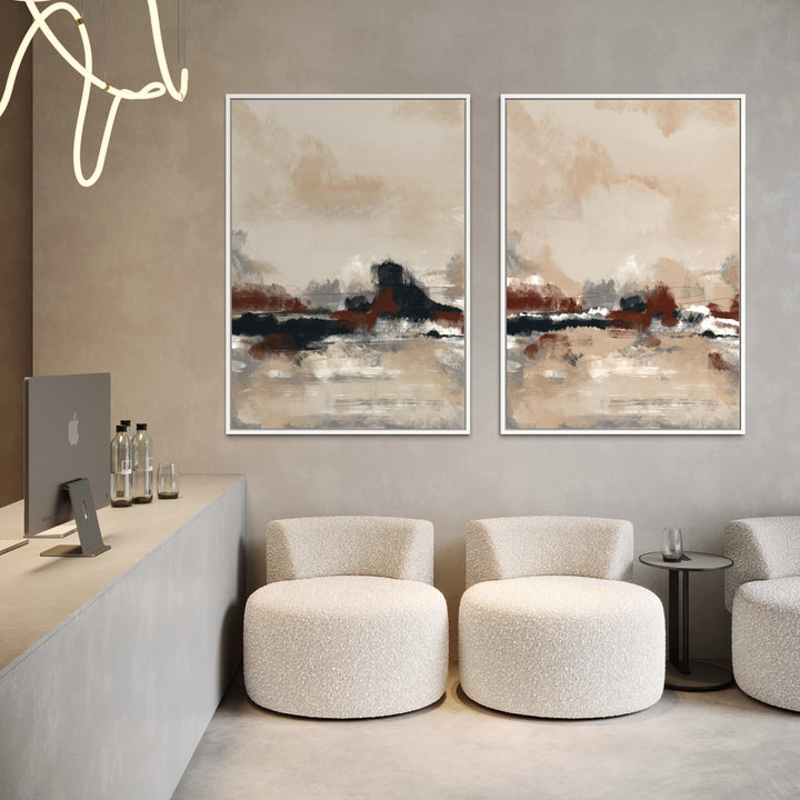 Abstract Landscape Diptych On Framed Canvas In White Frames Elevates A Soft-Taupe Reception Lounge With Bouclé Barrel Chairs, Sculptural Lighting, And A Minimal Concrete Console.