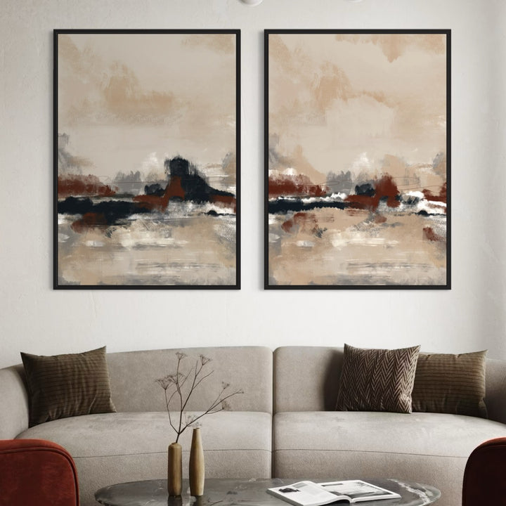 Abstract Landscape Diptych On Framed Canvas Above A Curved Greige Sofa- Modern Living Room Wall Art That Adds Texture, Balance, And Contemporary Style.