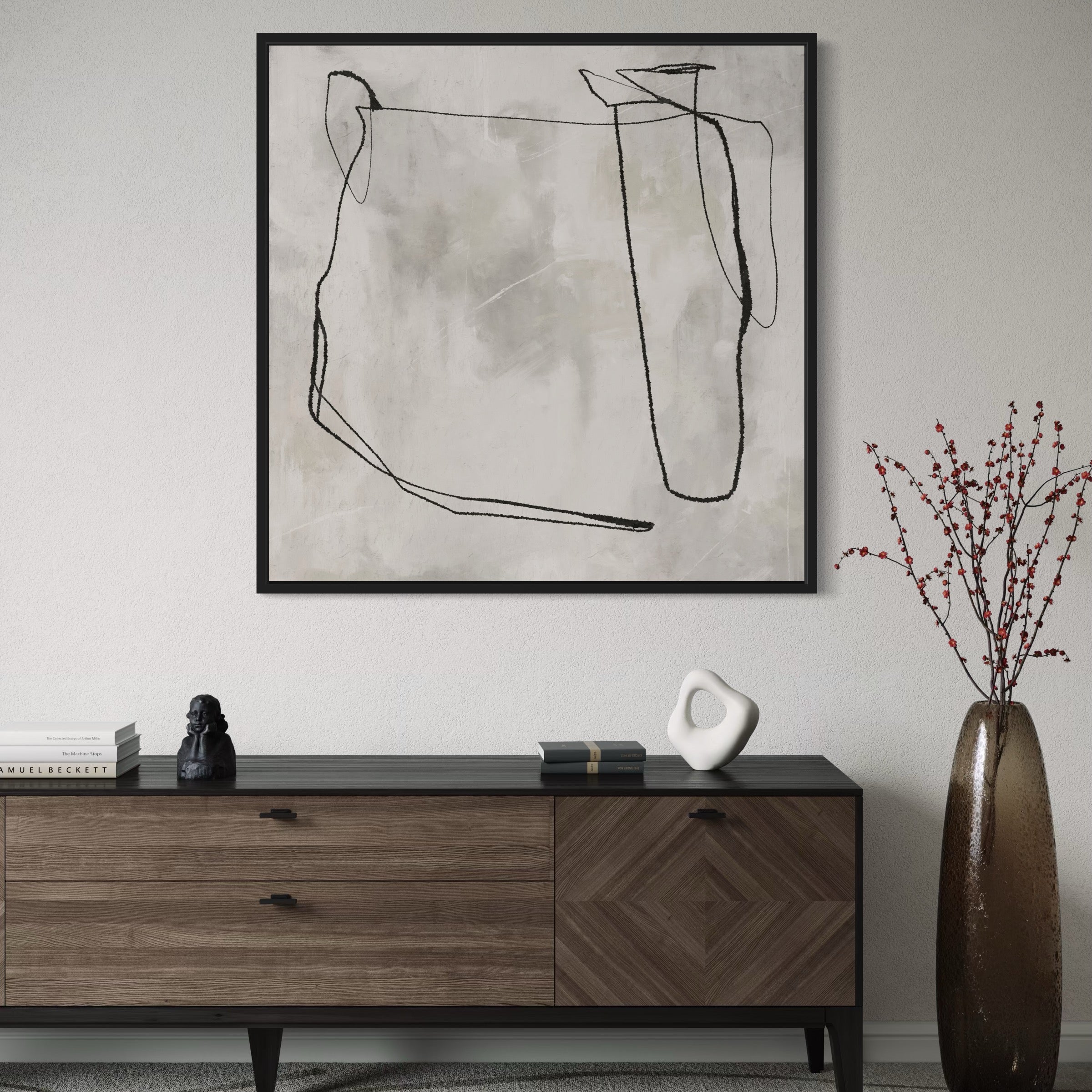 Modern Abstract Wall Art Styled with Walnut and Black Sideboard With Decorative Accent, and Tall Smoke-Glass Vase with Red Berry Branches. Perfect for Contemporary Entryway or Living Room.