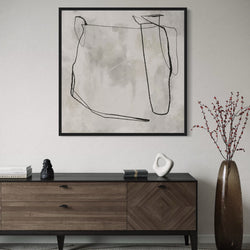 Modern Abstract Wall Art Styled with Walnut and Black Sideboard With Decorative Accent, and Tall Smoke-Glass Vase with Red Berry Branches. Perfect for Contemporary Entryway or Living Room.