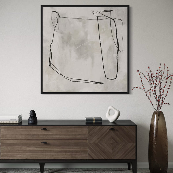 Modern Abstract Wall Art Styled with Walnut and Black Sideboard With Decorative Accent, and Tall Smoke-Glass Vase with Red Berry Branches. Perfect for Contemporary Entryway or Living Room.