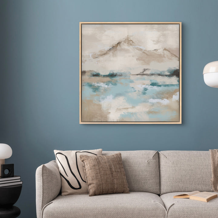 Elegant Minimalist Abstract Wall Art Styled with Gray Textured Sofa and  Pillow, Round Black Side Table with White Mushroom Lamp and a Blue Feature Wall. Perfect for Contemporary Living Room.