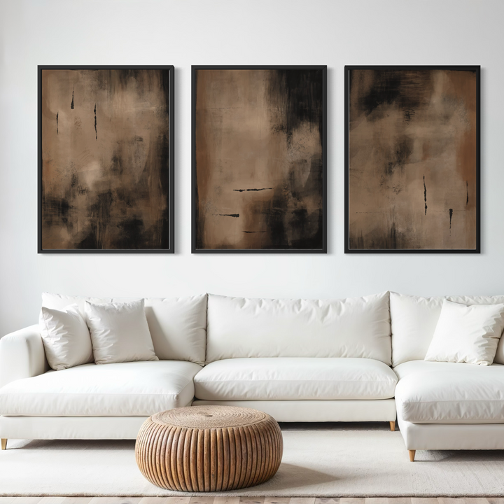 Charcoal Nights framed canvas set of 3 styled in a contemporary living room