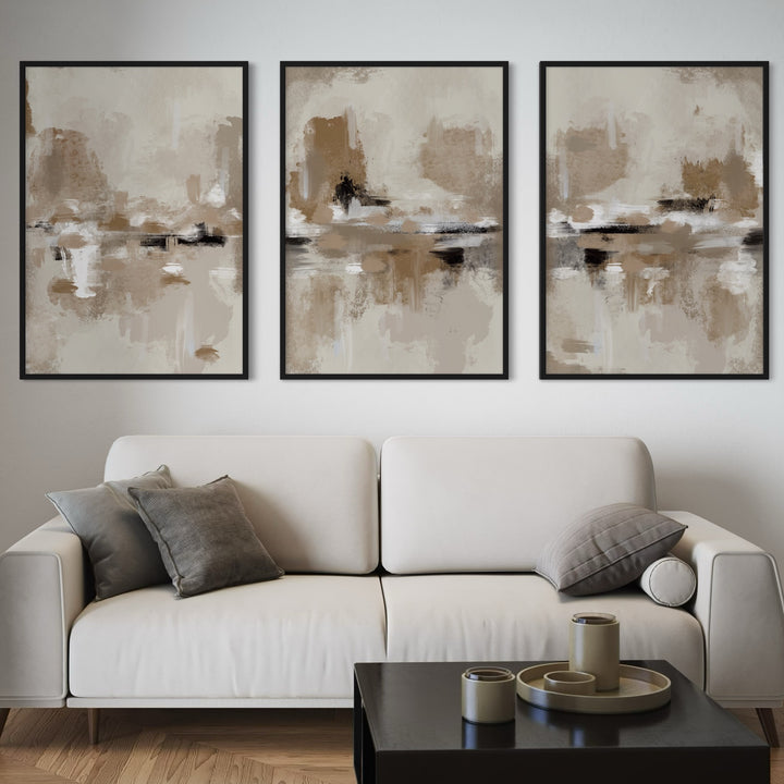 Modern Abstract Wall Art - Styled with Two Modern White Leather Sofa and a Minimalist Black Square Center Table With Decorative Accent, Perfect for Contemporary, Cozy Interiors.