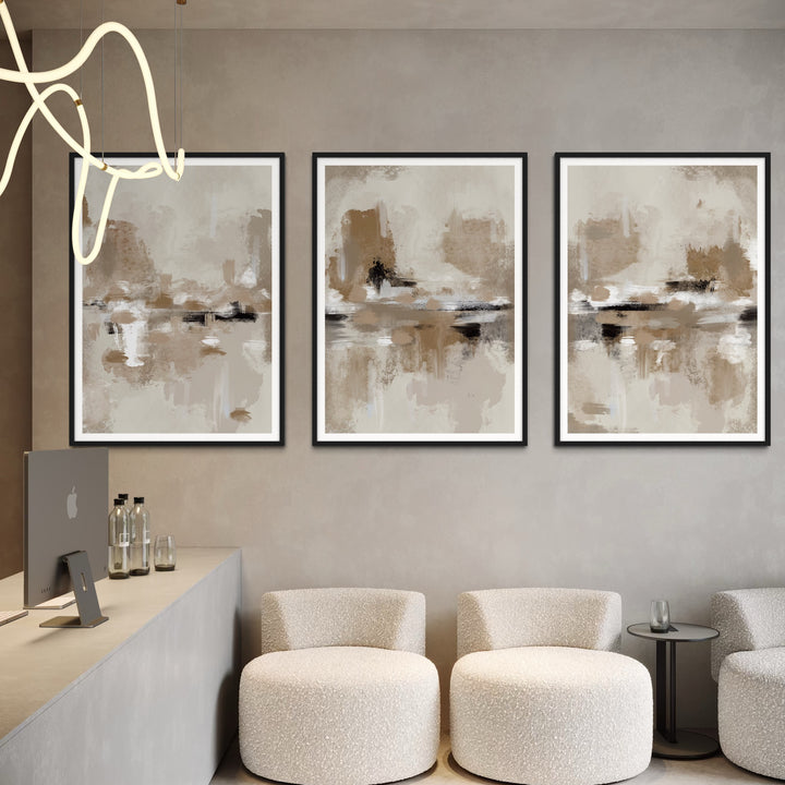 Minimalist Lobby Interior Abstract Framed Canvas Wall Art - With Round Cream Boucle Accent Chairs and Side Table