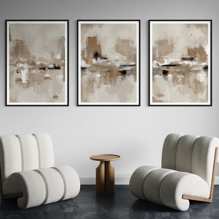 Modern Abstract Wall Art - Styled with Two Modern Boucle Lounge Chairs and a Minimalist Wooden Side Table, Perfect for Contemporary, Cozy Interiors.