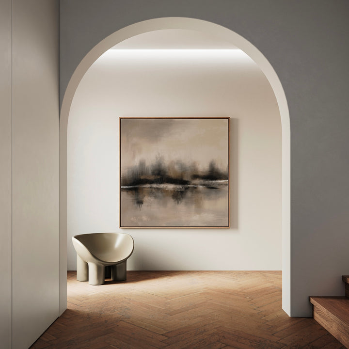 Elegant Abstract Wall Art  Styled with Arched Niche, Sculptural Metallic Accent Chair, Herringbone Wood Floor, and Soft Neutral Walls. Perfect for Serene Entryway or Hallway.