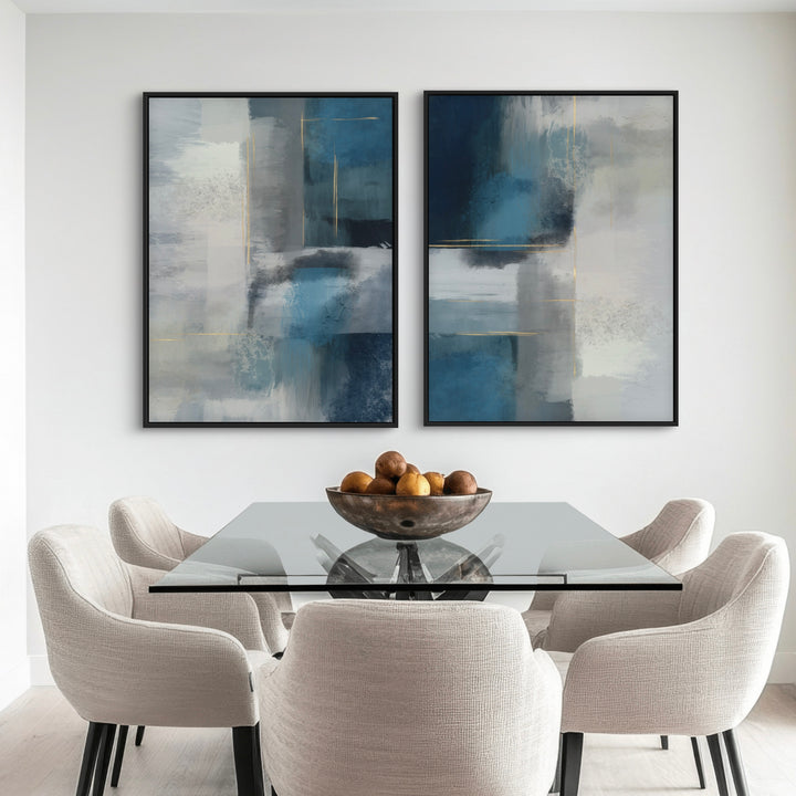 Cozy Abstract Wall Art Decor Styled with Glass Dining Table, Cream Upholstered Dining Chairs, Bronze Fruit Bowl, and Light Wood Floor. Perfect for Contemporary Dining Room.
