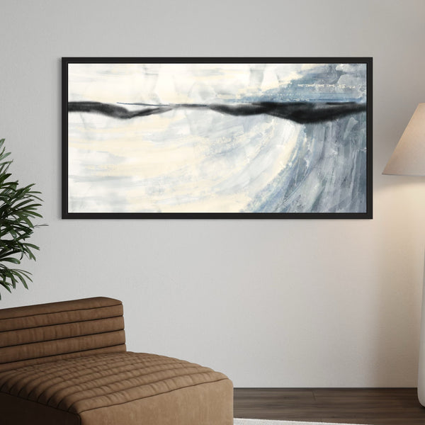 Abstract Canvas Framed Art in Minimalist Living Room with Camel-Toned Lounge Chair and Soft Ambient Lighting.