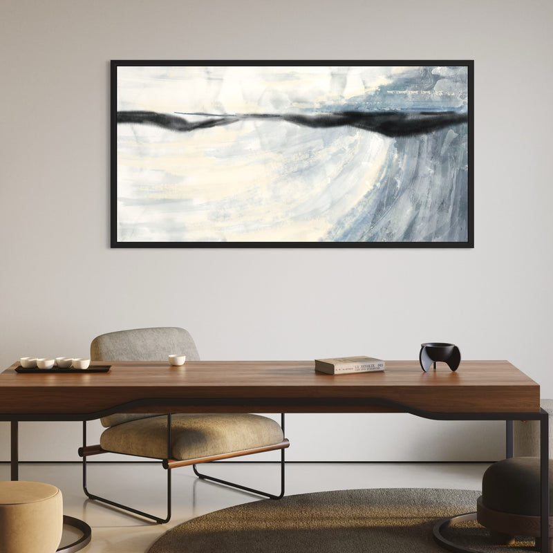 Modern Blue Abstract Canvas Art paired with Walnut Wood Desk and Minimalist Office Chair in Contemporary Home Office.